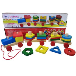 Wooden 3-Section Train with Numbers, Shapes & Cars Building Blocks Set | Educational Toy for Kids
